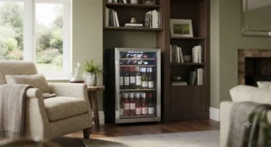 A compact freestanding wine fridge positioned in the corner of a living room, filled with various wine bottles.