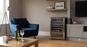 Freestanding wine cooler from a leading brand positioned elegantly in a contemporary UK living room