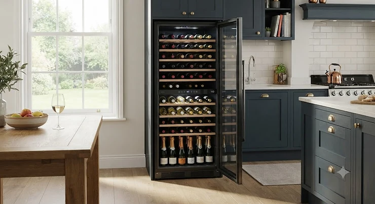 A sleek freestanding wine fridge with a 100 bottle capacity in a modern British kitchen