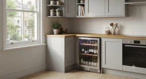 A compact freestanding wine fridge positioned in the corner of a small kitchen to save surface space.