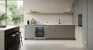 Minimalist handleless kitchen units paired with a flush-fit integrated wine fridge for a seamless look.