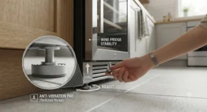 Illustration showing how to use levelling feet to reduce vibrations and noise from a wine fridge