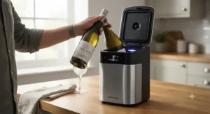 Step-by-step demonstration of placing a wine bottle into a rapid-cooling electric wine bottle chiller.