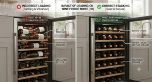 Illustration showing how properly stacking wine bottles can prevent rattling and minimise fridge noise