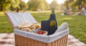 Insulated wine bottle cooler sleeve packed neatly inside a summer picnic basket