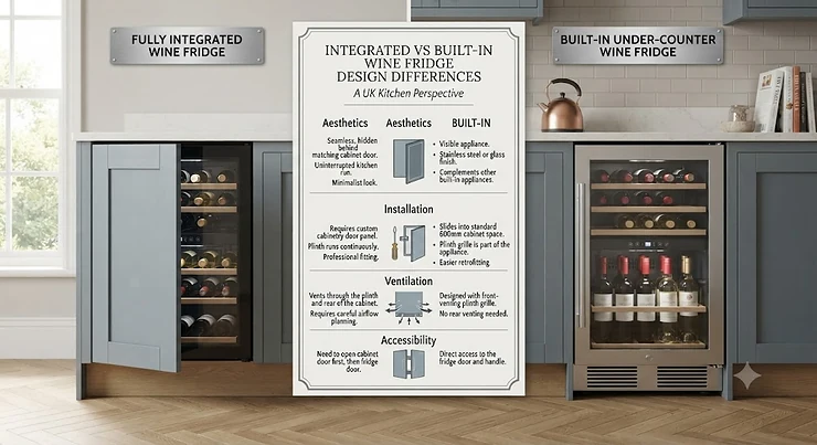 A comparison table showing the design differences between integrated and built-in wine fridges for British kitchens.