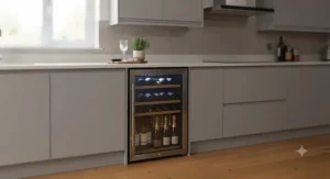 Built-in integrated wine cabinet by a popular brand fitted seamlessly beneath sleek kitchen worktops