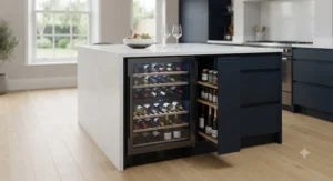 Under-counter integrated wine fridge with 100 bottle storage space in a contemporary home