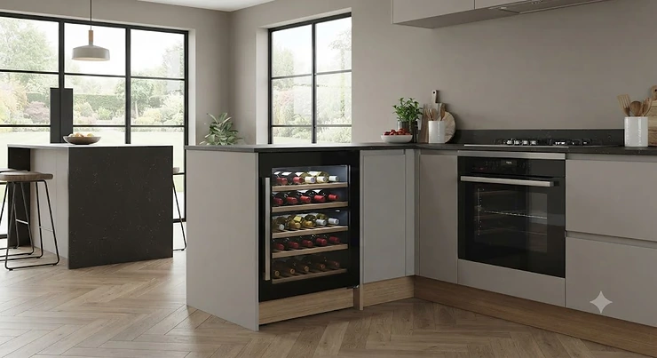 A sleek integrated wine fridge seamlessly fitted into a contemporary British kitchen cabinetry design.