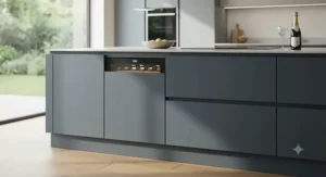 A sleek, handleless minimalist kitchen featuring a fully integrated wine fridge that blends with surrounding cabinetry.