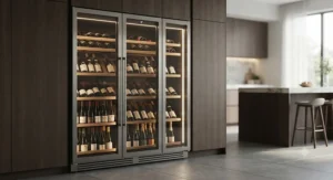Elegant interior LED lighting illuminating a selection of wine bottles inside an integrated wine fridge.