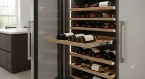 Interior view of an integrated wine fridge featuring high-quality pull-out wooden shelves for bottle organisation.