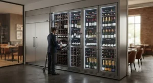 Professional wine fridge designed for high-volume storage in a restaurant setting