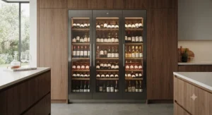 A full-height integrated wine fridge providing ample storage for a growing wine collection in a home kitchen.