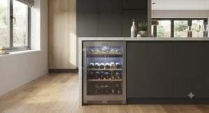 An under-counter integrated Liebherr wine cabinet seamlessly fitted into fitted kitchen cabinetry.