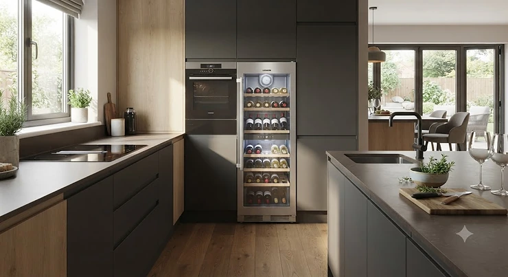 A sleek stainless steel Liebherr wine fridge integrated into a contemporary British kitchen design.