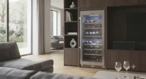 A stylish Liebherr wine fridge installed in an open-plan living space, showing its quiet, unobtrusive design.
