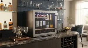 A luxury countertop wine cooler integrated into a modern home bar setup for entertaining guests.