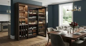 Luxury 100 bottle wine fridge featured in a home dining room for professional wine collection storage
