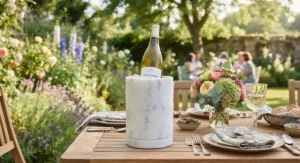 An elegant marble tabletop wine cooler keeping a bottle chilled during an outdoor summer garden party.
