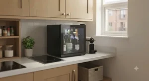 A mini countertop wine cooler neatly fitted into a small apartment kitchen space.