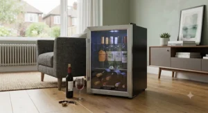 A contemporary mini wine fridge under £200 placed in a living room for easy entertaining.