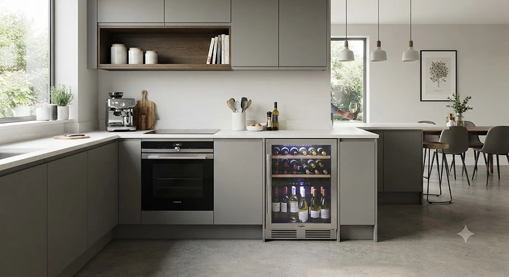 A contemporary British kitchen featuring a sleek stainless steel built-in wine fridge integrated into bespoke cabinetry. built in wine fridge kitchen units