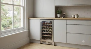A narrow wine chiller integrated into a custom-built kitchen cabinetry unit for a seamless finish.