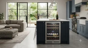 An open-plan kitchen area featuring a built-in wine fridge unit, ideal for modern British homes.