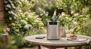 A portable electric wine cooler being used outdoors on a patio table for summer garden entertaining.