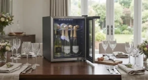 Portable mini wine cooler resting on a dining table ready for dinner party hosting