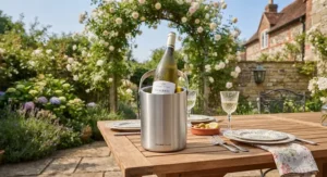 A lightweight portable tabletop wine chiller ready for alfresco dining on a British patio.
