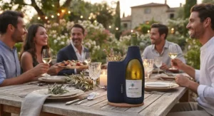 Portable wine bottle cooler sleeve being used during an alfresco dinner party