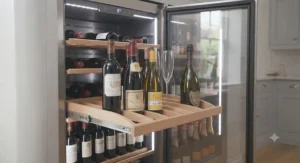 Large wine fridge interior featuring sliding wooden shelves for storing various bottle sizes safely.
