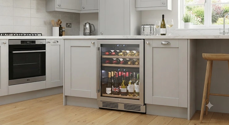 A sleek professional wine fridge integrated into a modern British kitchen cabinet setup