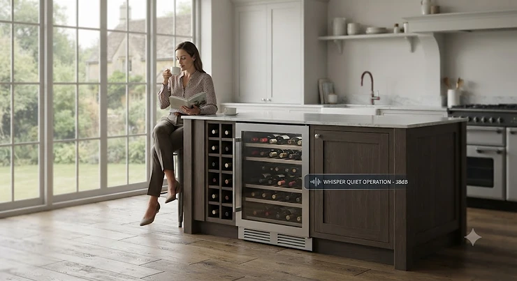A modern wine fridge integrated into a quiet kitchen setup to demonstrate low noise levels
