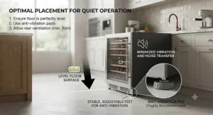 Diagram showing the optimal placement of a wine fridge on a level floor to maintain low noise levels