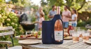 Reusable wine bottle cooler sleeve keeping a bottle cold at a British summer barbecue