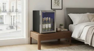 A sleek black mini wine cooler for bedroom nightstand styling, holding small bottles of chilled white wine.