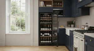 Efficient slimline wine fridge designed for 100 bottle storage in compact UK kitchen spaces