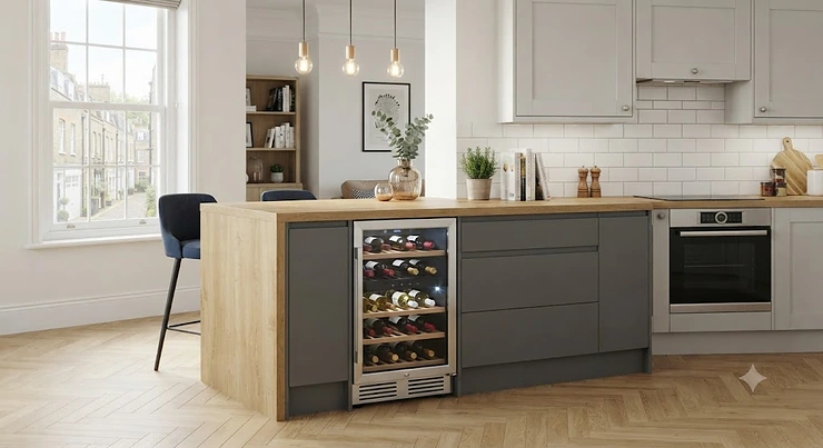 A sleek, slimline wine fridge integrated into a modern small British kitchen island. wine fridge for small kitchen