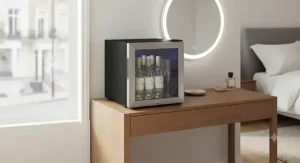 A quiet-running mini wine cooler for bedroom use positioned on a minimalist wooden dressing table.