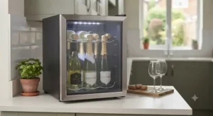 Small mini wine cooler featuring a glass door and soft LED interior lighting displaying several bottles