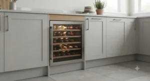 A compact 45cm integrated wine fridge fitted within a standard kitchen cupboard unit.