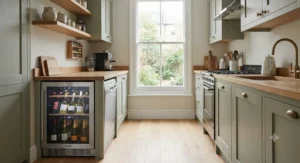 A space-saving compact built-in wine fridge unit fitted neatly into a small galley-style kitchen.