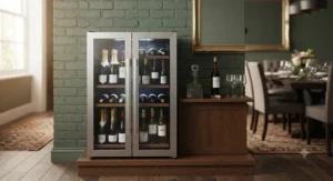A small wine fridge acting as a feature piece in a dining room, storing wine bottles ready for a dinner party.