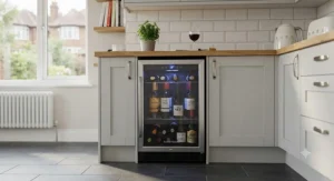A small wine fridge under £200 fitted neatly under a kitchen worktop.