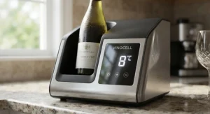 Close-up of a smart electric wine chiller featuring a digital LED temperature control screen showing precise cooling degrees.