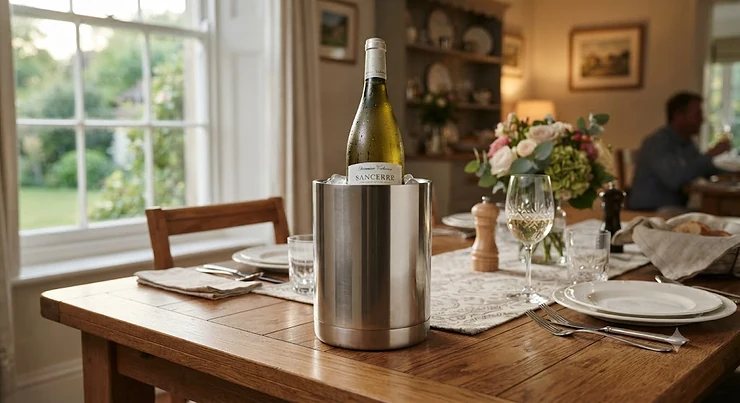 A sleek stainless steel tabletop wine chiller holding a bottle of white wine on a laid British dinner table.
