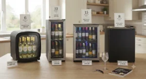 A comparison layout of different wine fridge models all priced under £100, ideal for finding a budget-friendly solution.